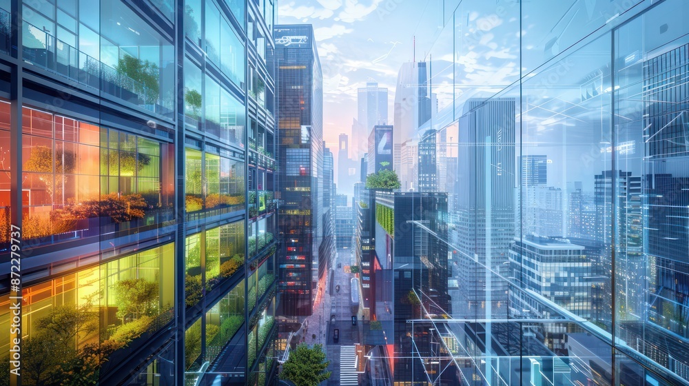 Fototapeta premium concept of a smart city with buildings using energy-efficient windows that change transparency to optimize for light and heat throughout the day