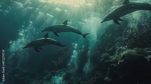 Graceful Dolphins Swimming in Underwater Ocean Scene Marine Life Concept