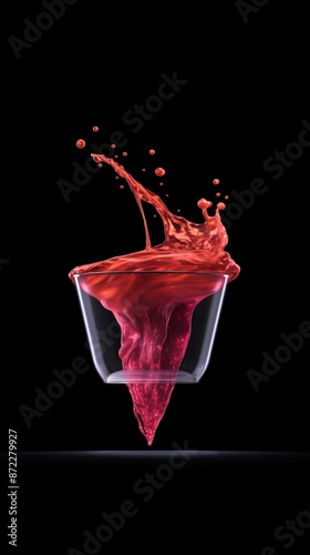 Red liquid splash in glass isolated on black background, vivid red splash, motion art concept