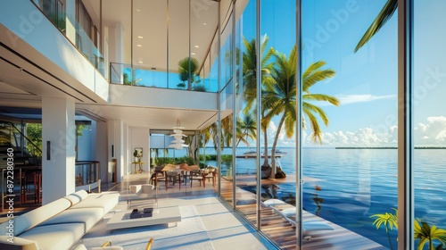 luxurious waterfront villa with floor-to-ceiling energy-efficient windows that provide stunning views of the ocean while protecting against salt air and storm impacts