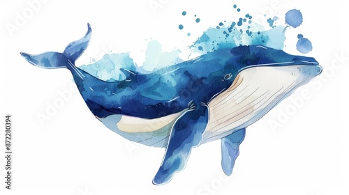Watercolor Blue Whale Illus...