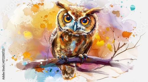 Watercolor Owl in the Fores...