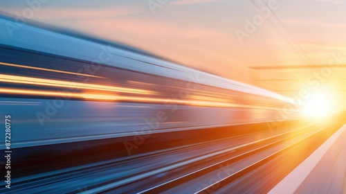 High-Speed Train on Straight Track at Sunset