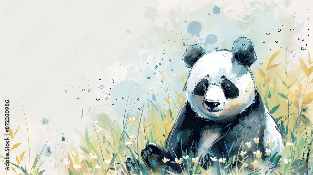 Fototapeta premium Watercolor Panda in the Grass