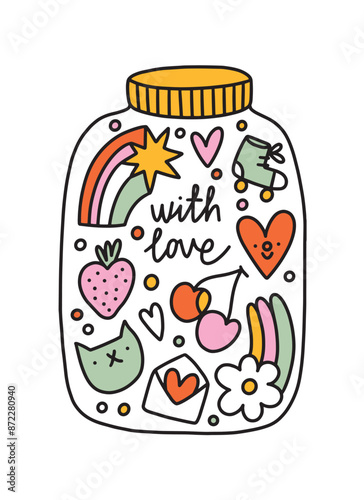 With love. Cartoon jar filled with doodles, vector illustration