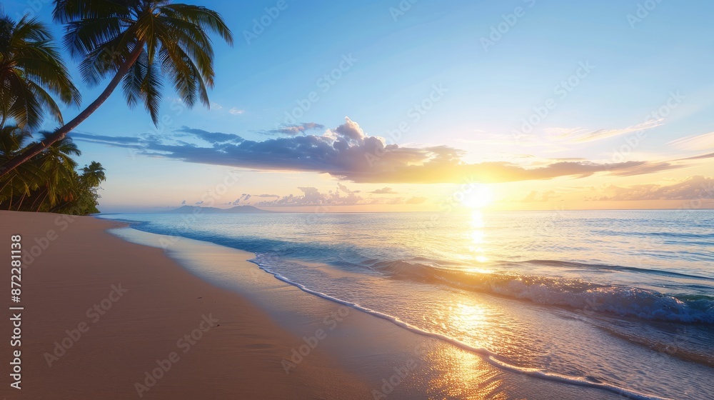 Serene Sunset Beach Scene with Waves, Palms, and Changing Terrain Serene Sunset Beach Scene with Waves, Palms, and Changing Terrain