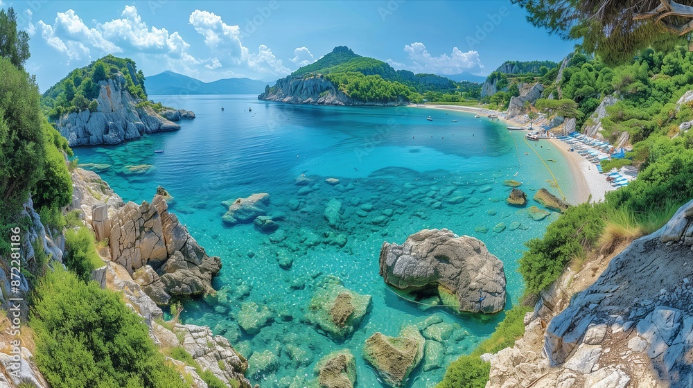 Obraz premium A beautiful beach with a clear blue ocean and a rocky shoreline. The water is calm and the sky is clear