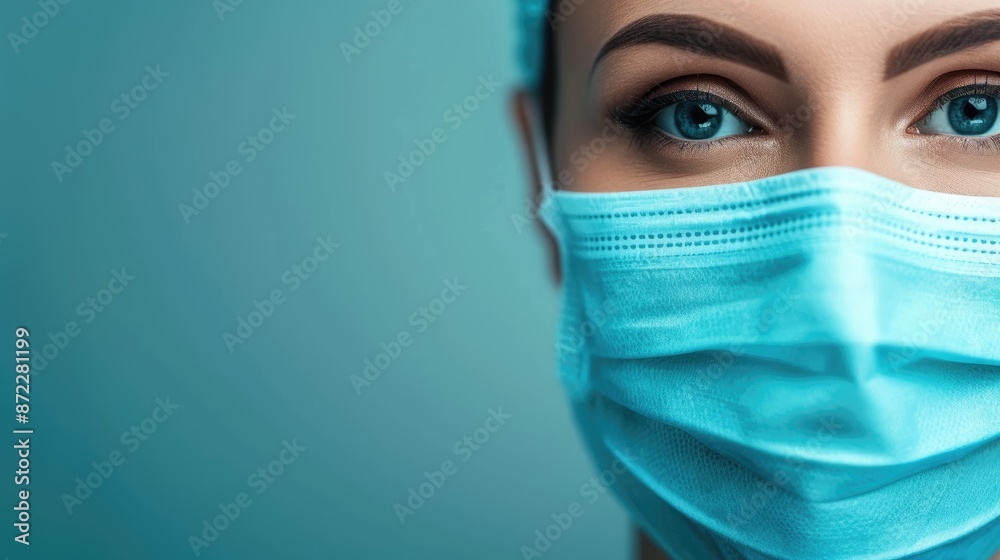 Close-Up of Face with Teal Medical Mask and Gold Nose Clip Close-Up of Face with Teal Medical Mask and Gold Nose Clip