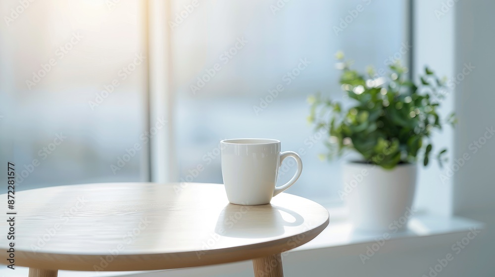 Tranquil Indoor Corner with Coffee Cup, Table, and Potted Plant Tranquil Indoor Corner with Coffee Cup, Table, and Potted Plant