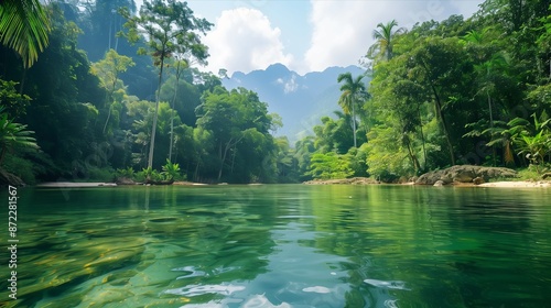 A beautiful green river with trees in the background. The water is calm and clear. The scene is peaceful and serene