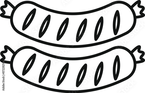 Simple black and white icon of two grilled sausages lying down, perfect for representing grilling, cooking, and food in general