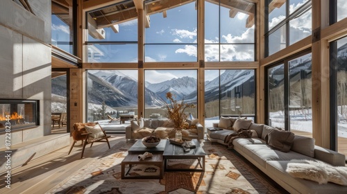 mountain retreat with energy-efficient windows offering breathtaking views of the alpine landscape, keeping the interior cozy despite the harsh outside temperatures © Salman