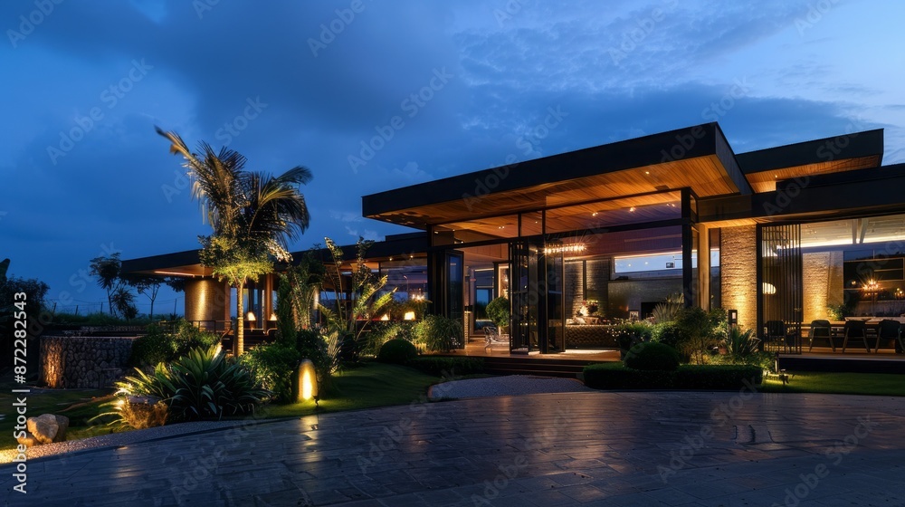 This image showcases a modern home with a large, open floor plan, illuminated at dusk. The home features large windows, exposed wooden beams, and a sleek, contemporary design. This image showcases a modern home with a large, open floor plan, illuminated at dusk. The home features large windows, exposed wooden beams, and a sleek, contemporary design.