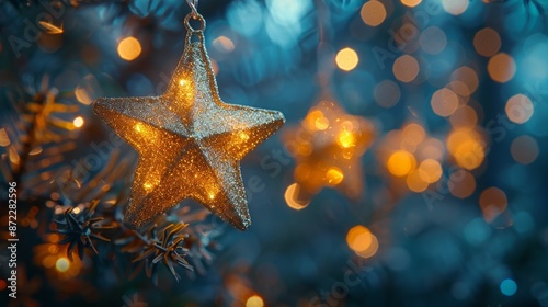 Golden Star Ornament with Bokeh Lights - Generative AI