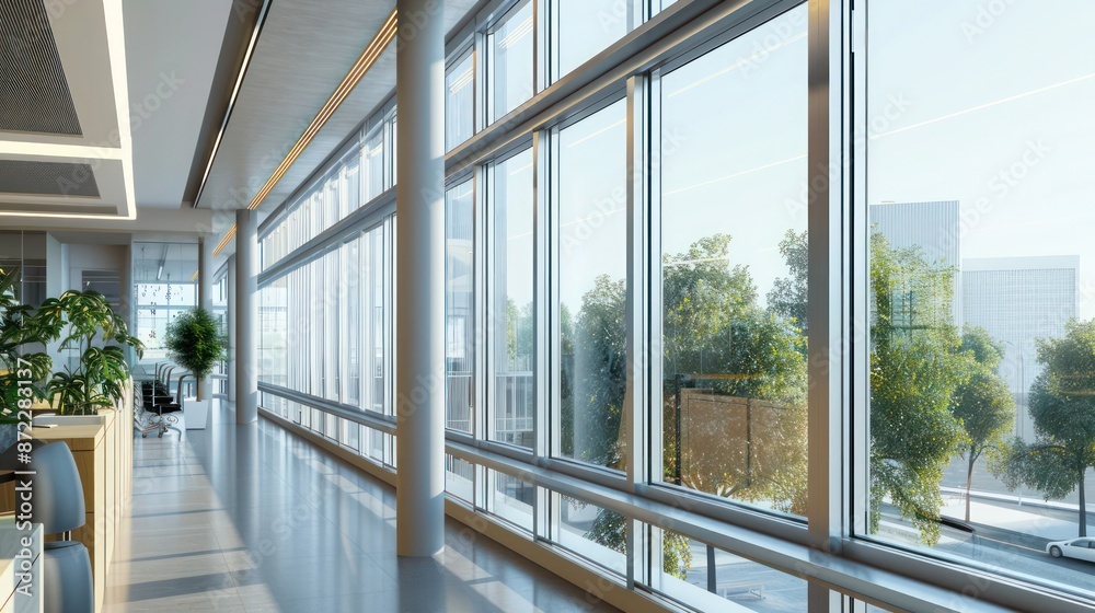 detailed view of an energy-efficient window installation in a modern office building, emphasizing the sleek design and thermal insulation properties detailed view of an energy-efficient window installation in a modern office building, emphasizing the sleek design and thermal insulation properties