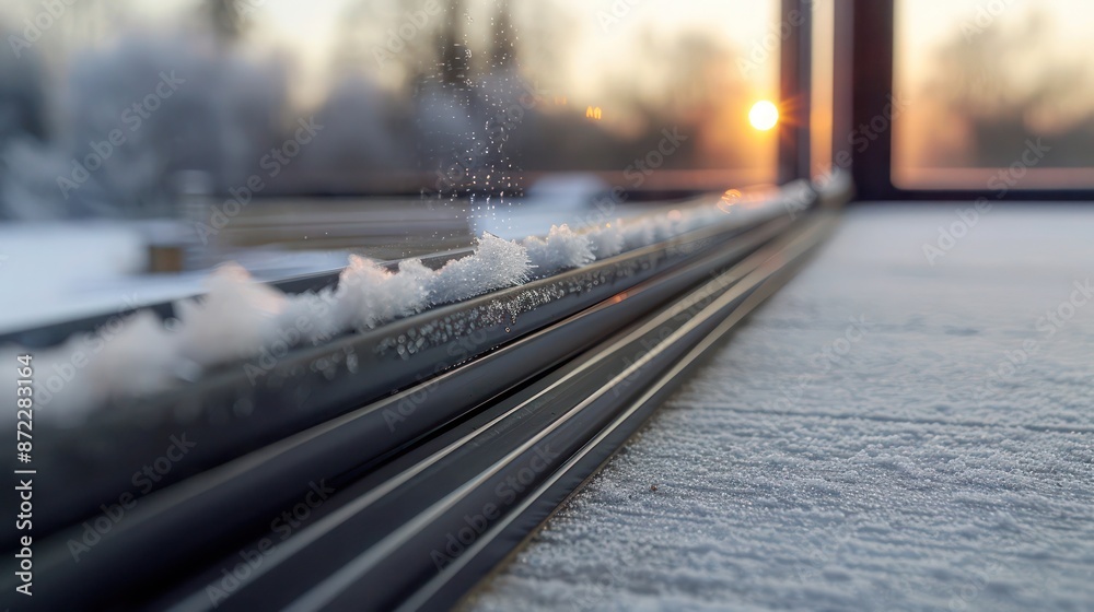 detailed view of the thermal seal around an energy-efficient window, demonstrating how it prevents heat escape during a frosty winter morning detailed view of the thermal seal around an energy-efficient window, demonstrating how it prevents heat escape during a frosty winter morning