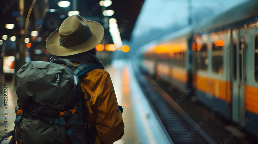 Traveler Train Station Evening Departure Adventure Journey Backpack Hat Traveler Train Station Evening Departure Adventure Journey Backpack Hat