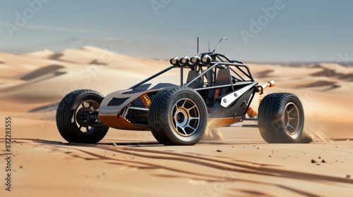 Fototapeta Naklejka Na Ścianę i Meble -  A black dune buggy with orange accents drives through a desert landscape. The buggy is driving on the sand, leaving tracks in its wake. The sky is clear and blue.