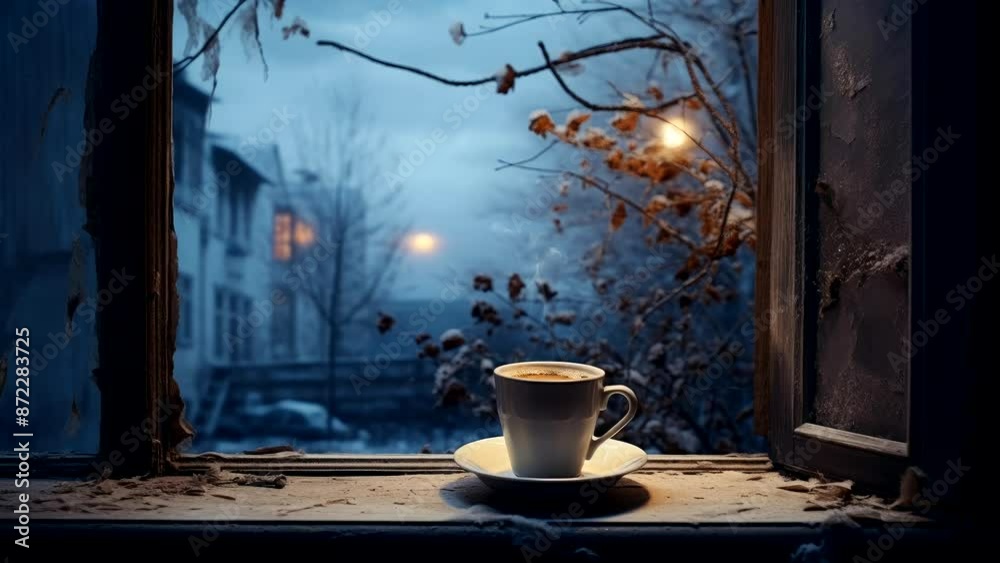 Steaming cup of coffee on a windowsill with a cold winter view outside, capturing a cozy and serene moment at dusk Steaming cup of coffee on a windowsill with a cold winter view outside, capturing a cozy and serene moment at dusk