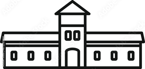 Simple black and white illustration of one storey building with tower and many windows is representing school or university