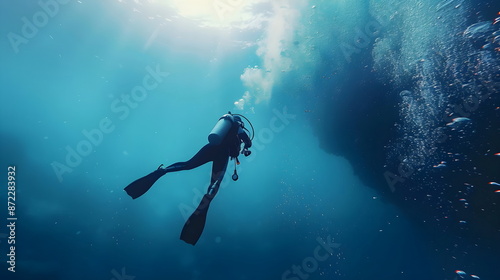 Underwater Scuba Diver Ocean Exploration Adventure Deep Sea Diving Marine Life Bubbles Sunlight