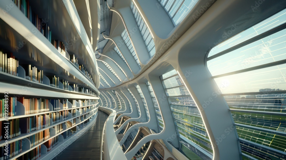 Obraz premium futuristic public library with energy-efficient windows that feature integrated solar panels, helping to power the building while providing clear, natural light to readers