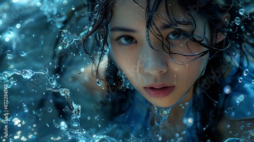 A Captivating Close-up of a Woman Immersed in Vibrant, Splashing Water