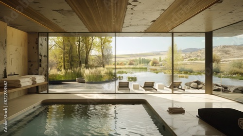 luxury spa with energy-efficient windows that blur the boundaries between interior and natural settings, creating a seamless integration with the relaxing landscape © Salman