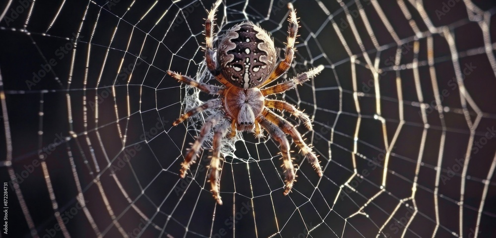 A spiderweb with a large, menacing spider in the center at dark black background A spiderweb with a large, menacing spider in the center at dark black background