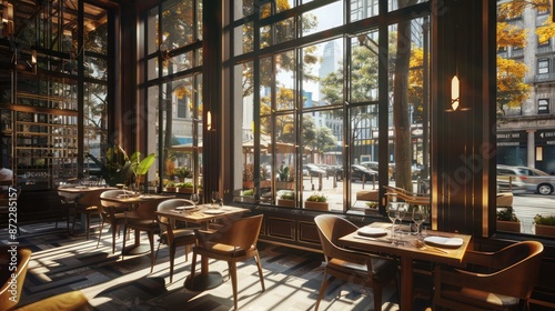 gourmet restaurant with energy-efficient windows offering diners a warm, sunlit setting while providing spectacular views of the citya??s bustling streets photo