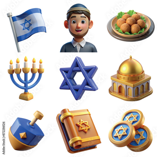 Collection of traditional Israeli Jewish symbols star of david, Hanukkah symbols, falafel