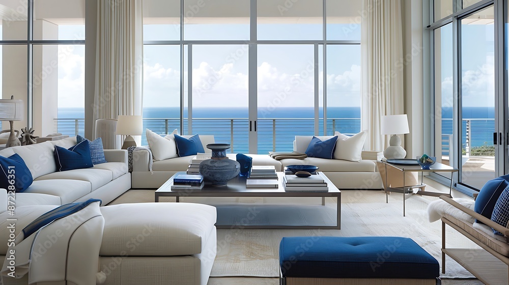 A hint of sapphire blue infuses calm into a coastal-inspired living room, with panoramic windows framing ocean views. A hint of sapphire blue infuses calm into a coastal-inspired living room, with panoramic windows framing ocean views.