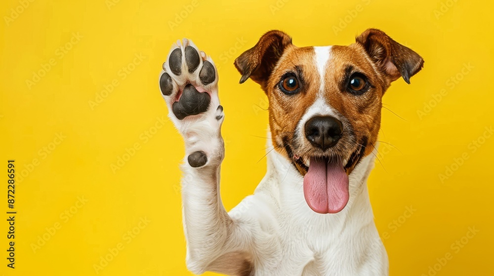 Energetic Jack Russell Terrier with Paw Up, Bright Blue Eyes, on a Vivid Yellow Background Energetic Jack Russell Terrier with Paw Up, Bright Blue Eyes, on a Vivid Yellow Background