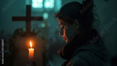 Young Caucasian Woman Lighting a Candle in a Dimly Lit Church, Reflecting Solemnity and Spiritual Reflection © Damian