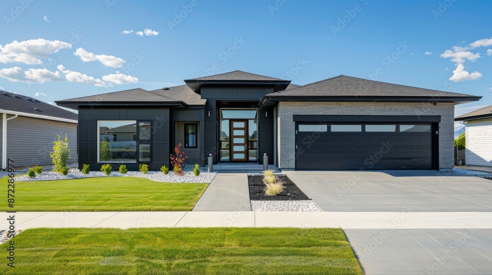 This image shows a modern house with a black and grey exterior. The house has a large front yard ...