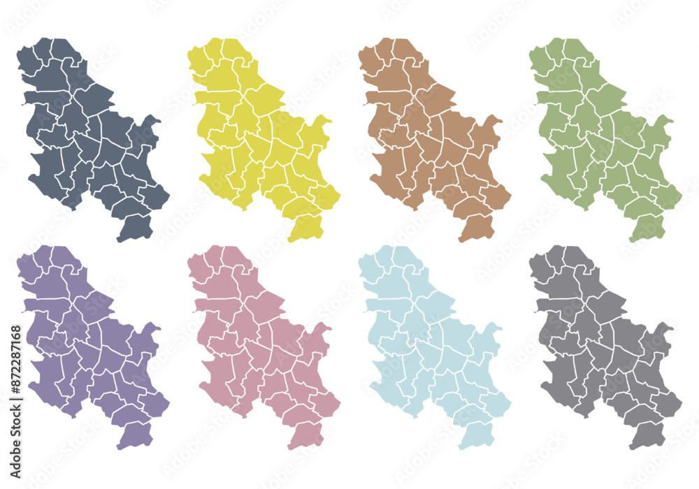 Fototapeta premium Mapa de Serbia de color azul, gris, amarillo, naranja, verde, rosa y morado