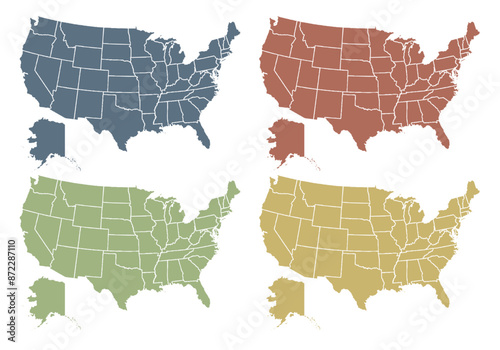 Mapa de Estados Unidos de América de color azul, rojo, verde y amarillo