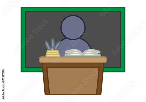 Profesor dando clase en un aula con un atril, pizarra y libros