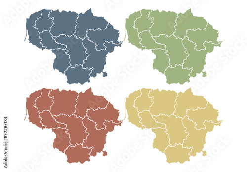 Mapa de Lituania de color azul, verde, rojo y amarillo