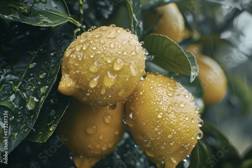 Lemons on tree, droplets, fujifilm, fujicolor c200, depth of field photo