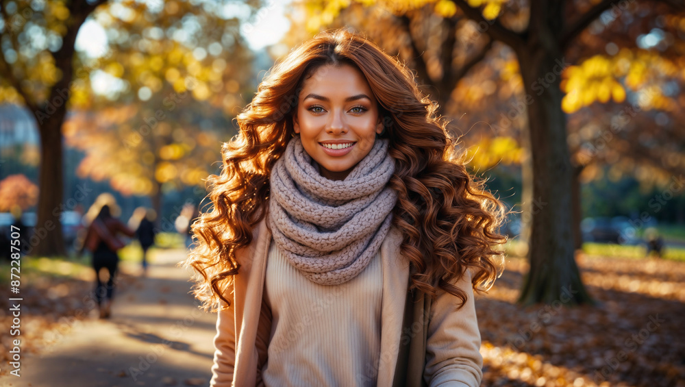 Bella giovane donna con lunghi capelli ricci in un parco di una città in autunno durante il foliage. Indossa una sciarpa. Bella giovane donna con lunghi capelli ricci in un parco di una città in autunno durante il foliage. Indossa una sciarpa.