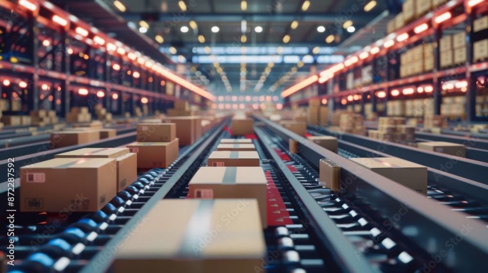 Fototapeta premium This photo shows a close-up of a conveyor belt system in a warehouse, with many cardboard boxes moving along the belts. The boxes are being transported to their next destination in the warehouse.