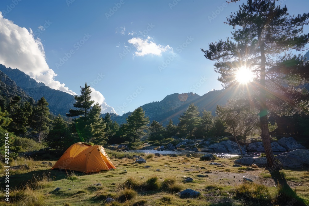 Nature's Majesty: Camping Tent Set Against the Backdrop of Magnificent Snowy Mountains - A Serene and Adventurous Outdoor Experience. Nature's Majesty: Camping Tent Set Against the Backdrop of Magnificent Snowy Mountains - A Serene and Adventurous Outdoor Experience.