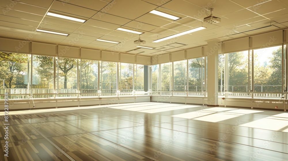 modern dance studio with energy-efficient windows that maintain a constant temperature and humidity level, ideal for dancers practicing in a large, naturally lit space modern dance studio with energy-efficient windows that maintain a constant temperature and humidity level, ideal for dancers practicing in a large, naturally lit space