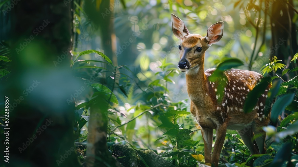 Harmony of the Wild: Deer Grazing in a Silent Forest Amidst Fresh Greenery - Capturing the Peaceful Essence of Nature's Serene Landscape. Copy Space. Harmony of the Wild: Deer Grazing in a Silent Forest Amidst Fresh Greenery - Capturing the Peaceful Essence of Nature's Serene Landscape. Copy Space.