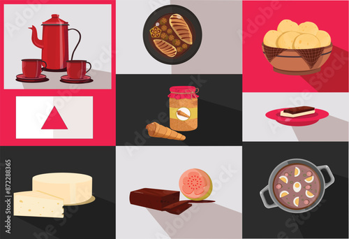 Vector set of typical foods from Minas Gerais, Brazil. This vector set includes Dulce de leche, coffee, cheese bread, guava paste, bean tutu and chicken with okra.