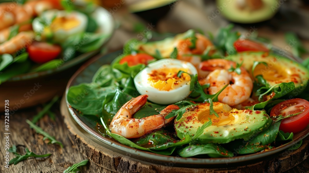 Rich plate of salad from green leaves mix and vegetables with avocado or eggs, chicken and shrimps Rich plate of salad from green leaves mix and vegetables with avocado or eggs, chicken and shrimps