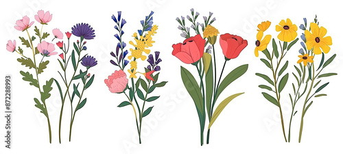 Colorful flower bouquet illustration set isolated on white background