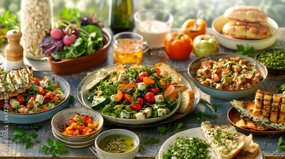 The table is filled with a variety of foods, from staple ingredients to leaf vegetables. Dishes from various cuisines are served on plates alongside fresh produce and tableware
