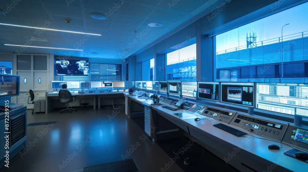 high-tech control room with bulletproof energy-efficient windows that maintain crucial temperature and humidity levels for sensitive equipment high-tech control room with bulletproof energy-efficient windows that maintain crucial temperature and humidity levels for sensitive equipment